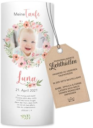 Liamoria® Lichthüllen mit Foto personalisiert zur Taufe - Modell Luna 21x9,5 cm für Mädchen - Windlicht - Tischdeko - Tischlicht - Schöne Dekoration (4er Set)