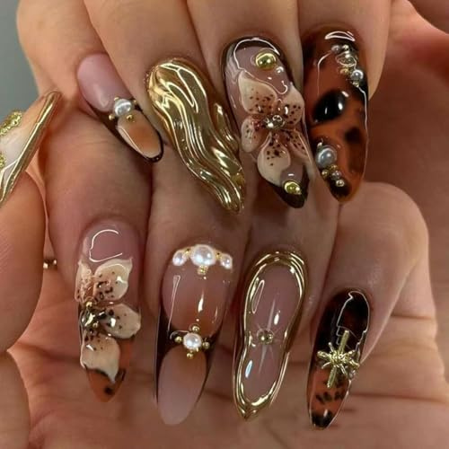 24PCS Brown Almond False Nails, Wsimily 3D Flower Cross Press on Nails Medium Length Fake Nail Glossy Stick-on Nail Luxurious Temperament Winter for Daily Wear & Parties