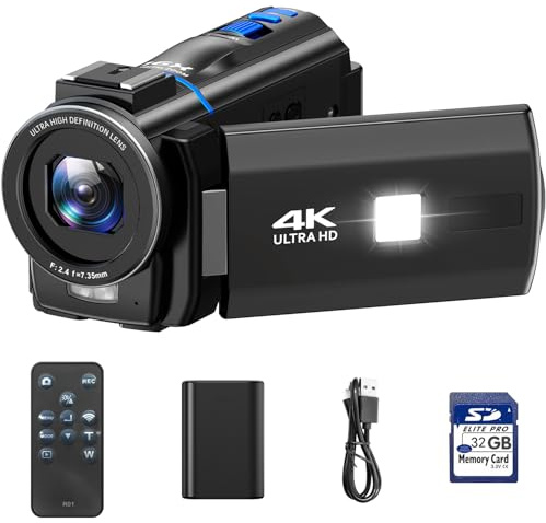 Camcorder 4K 48MP Videocámara Youtube, Visión Nocturna IR Fill Light LED, Webcam Streaming, Pantalla Táctil 3 270°, Cámara Vlog con 32GB SD Tarjeta, Mando, Remoto
