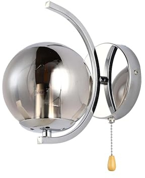 TEKLED Modern Globe Wall Sconce with Pull Cord Switch, Smoky Glass & Chrome Crescent Wall Light, E27 Edison Bedside Lamp, Elegant Indoor Lighting for Bedroom, Living Room & Hallway, Max 40W