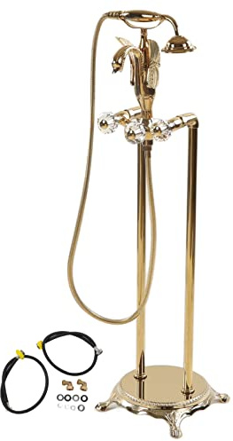 Swan Remplisseur de baignoire sur pied monté au sol, robinets de baignoire autoportants avec pulvérisateur, baignoire-douche, tout en cuivre, double poignée en laiton doré,