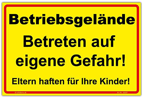 Schild Betriebsgelände, Betreten auf eigene Gefahr! Hinweisschild 300x200 mm gelb,Querformat, stabile Aluminiumverbundplatte 3mm stark - inkl. 4 Eckbohrungen