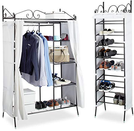 Relaxdays 2 TLG. Garderoben Set Country, Kleiderschrank mit Stoffvorhang, Schuhregal, Stoffschrank, Schuhschrank, schwarz-weiß