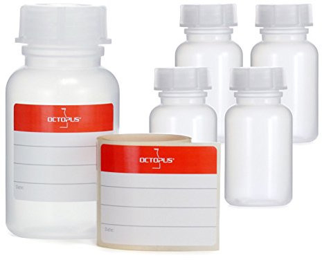 5x 100 ml wide-neck bottles made of LDPE with screw cap, empty chemical bottles, laboratory bottles with lid as storage containers for laboratory, kitchen or hobby