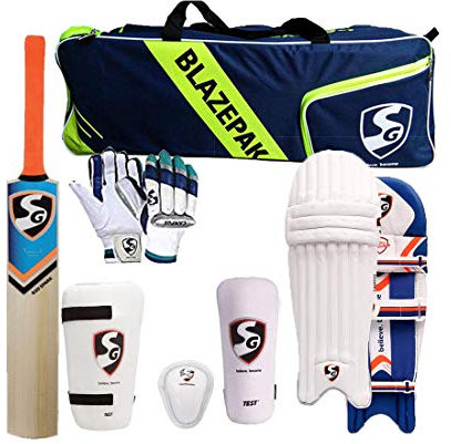 SG Cricket-Set für Erwachsene, mit Ezeepak-Tasche mit RSD Spark-Kashmir-Weiden-Schlägern, Schlagbeinschoner-Pads, Schlaghandschuhen, Bauchschutz, Oberschenkelpolster, Kit-Tasche