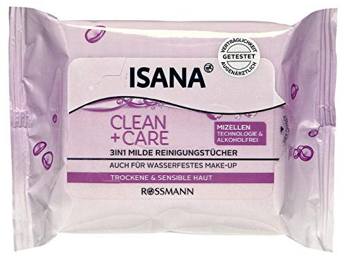 ISANA Clean + Care 3in1 milde Reinigungstücher 25 Stück für trockene & sensible Haut, auf für wasserfestes Make-Up, Mizellen Technologie & Alkoholfrei