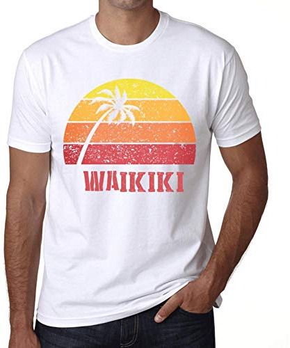 Homme Tee-Shirt Palmier Plage Coucher De Soleil À Waikiki – Palm, Beach, Sunset in Waikiki – T-Shirt Graphique Éco-Responsable Vintage Cadeau Nouveauté