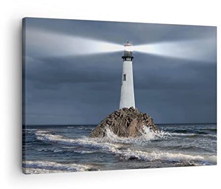 Bilder auf Leinwand Leuchtturm Meer Leinwandbild mit Rahmen 70x50cm Wandbilder Dekoration Wohnzimmer Schlafzimmer Küche Deko Klein Wanddeko Bild Wand Kunstdruck Art Wall Decor Canvas AA70x50-3550