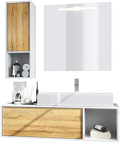 Vladon Badmöbel Komplettset La Costa, Made in Germany, Korpus in Weiß matt/Fronten in Eiche Natur, mit Aufsatzwaschbecken, Armatur und LED Spiegel