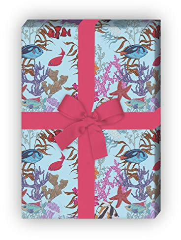 Kartenkaufrausch Hellblaues Aquarium Geschenkpapier Set mit Fischen, Algen und See-Sternen als maritime Geschenk Verpackung um schön zu schenken, 32 x 48cm für Angler, Taucher