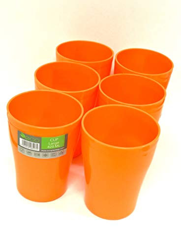 ECO 6 Pack Hard 420ml Plastic Cups Reusable | Stackable Plastic Tumblers for Parties | Orange Toddler Cup for Everyday Use | Unbreakable Kids Cups for Outdoor Picnics & BBQ (420 ml) (Orange)
