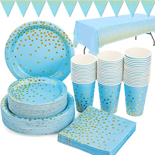 Blau und Gold Partygeschirr 99 Stück Golden Dot Partyteller Set Enthält Pappteller, Servietten, 9-Unzen-Tassen, Tischdecke, Banner, für Baby Shower, Jungen Geburtstag, Hochzeit, Severs 24