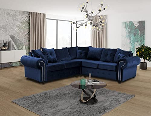 HHI Corner sofas & couches - Luxurious Large BLUE PLUSH Fabric CORNER Sofa- Scatter back Cushions - Modern L Shaped Corner Sofa 210 X 210 cm