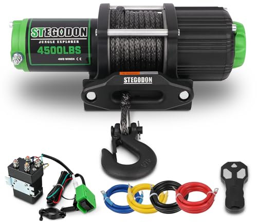 STEGODON New 4500 lb. Load Capacity Electric Winch,12V Black Synthetic Rope Winch with Wireless Handheld Remotes and Wired Handle,Waterproof IP67 Electric Winch with Hawse Fairlead(All-Black)