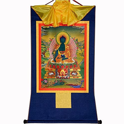 Gandhanra Thangka Tibetische Wandbehang,Bhaisajyaguru Thangka,Medizin Buddha Thangka,Heißgeprägter Buddha Wandteppich für Zen Wohnkultur, Meditation, Spirituelle Entspannung und Ruhe