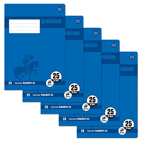 Staufen Premium Schulheft - DIN A4, Lineatur 25 (9mm liniert mit Rand), 32 Blatt, 90g/m² Premium Papier, 5 Stück