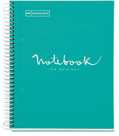 Miquelrius - Notizbuch A5 Notebook, 1 farbiger Streifen, 80 Blatt mit raster 5 x 5 mm, Papier 90 g/m² mikroperforiert mit 2 Bohrungen für 2 Ringe, Einband aus Karton, Farbe Türkis