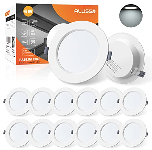 ALUSSO® LED Einbaustrahler 230V Ultra Flach 6W 430LM LED Spots Badezimmer, 6500K Kaltweiß Deckenspots IP44 Einbauleuchten für Wohnzimmer Küche, Durchmesser 118MM, Lochmaß 95-100MM, 12er Set