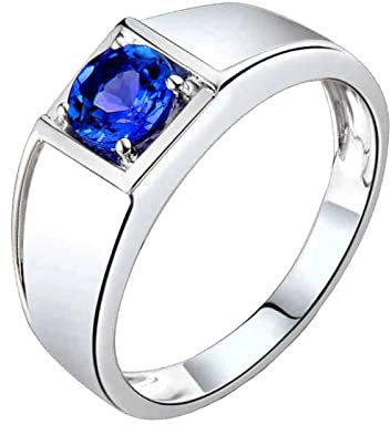 Herren Ringe Weißgold, Verlobungsring 18 Karat (750) Weißgold mit 0,61ct Blau Rundschliff Tansanit Größe 45 (14,3)