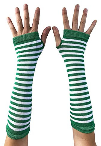 AUSUAYA Gestreifte Handschuhe, lang, fingerlos, gestrickte Armstulpen für den Winter, für Punk, Rock und Cosplay, Gothic, Halloween-Party, GB-WM-S-G5, Weiß und Grün gestreift – St. Patrick's Day, One