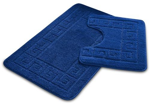 VELVETIO Bath Mat Set 2 Piece Machine Washable for Bathroom, Jacquard Greek Non Slip Quick Dry Shower Rugs & Bathtub Mats, Highly Water Absorbent 100% Polypropylene Toilet Rug Sets, Royal Blue