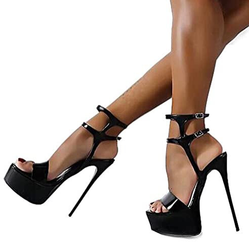 ORANDESIGNE Sandali con Tacco Alto in Pelle Scarpe da spogliarellista da 16 cm Scarpe da Festa di Nozze Sexy estive Sandali con Plateau Gladiatore da Donna A Nero 38 EU