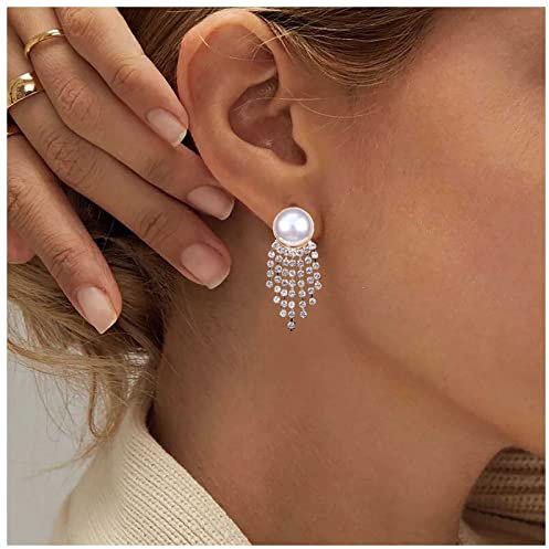 Yheakne Vintage Pearl Cz Chandelier Earrings Gold Chandelier Dangle Earrings Cz Tassel Earrings Stunning Rhinestone Wedding Drop Earrings Jewelry for Women and Girls (Gold with pearl)