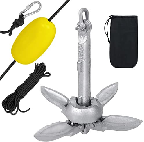 TRMLBE Bootsanker 0,7 KG Faltanker Klappanker Verzinkt Gusseisen mit 10 m Ankerleine Markierungs-Boje Karabiner Anker für Schlauchboot SUP Kajak Zubehör