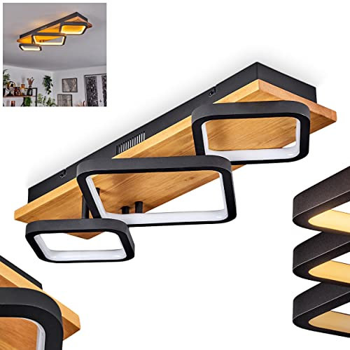 LED Deckenleuchte Pompu, moderne Deckenlampe aus Metall/Holz/Kunststoff in Schwarz/Natur/Weiß, dimmbar über Lichtschalter, 3800 Lumen, 3000 Kelvin, LED 32 Watt