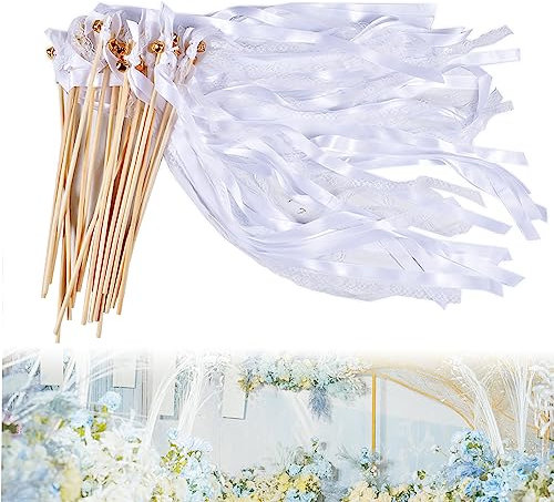 30 Stücke Wedding Wands,Zauberstäbe Hochzeit mit Glocken,Hochzeitsbänder luftschlangen,Spalier hochzeit,Band Zauberstäbe für Hochzeit,Weiß Deko für Hochzeit Spalier Weihnachten Party