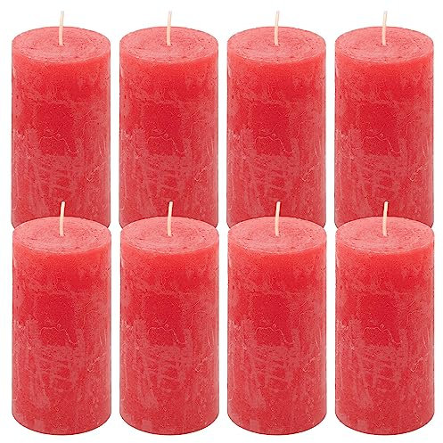 Rustik-Kerze Höhe 10 cm Ø 5 cm lange Brenndauer Rund-Kerze Säulenkerzen Kerzen-Deko Tafelkerzen Weihnachts-Kerzen Hochzeits-Deko (rot, 8)
