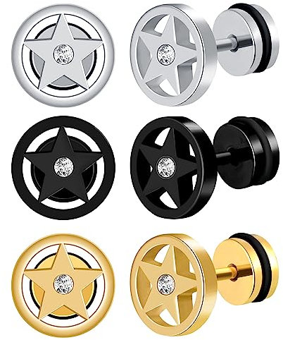 feilok 3 Paar Ohrringe Edelstahl Stern Kreis Ohrstecker Stecker Ohrschmuck Ohrringe für Männer Damen