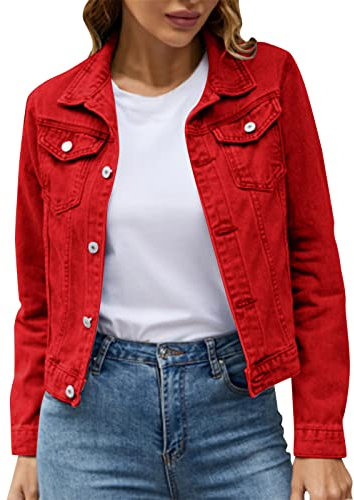 Veste Basique Femme En Coton Denim - Couleur Unie - Avec Poches - Longue - Coupe-Vent - Élégant Blazer d'Affaires, Rouge, L