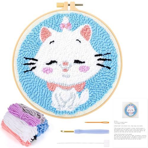 JSRQT Stanznadel Stickerei Starter Kit für Anfänger,Punch Needle Embroidery Starter Kit, DIY Stanznadel Kit mit Stickrahmen,Punch Needle Stoff,Fäden,Einfädelhilfe(Weiße Katze)