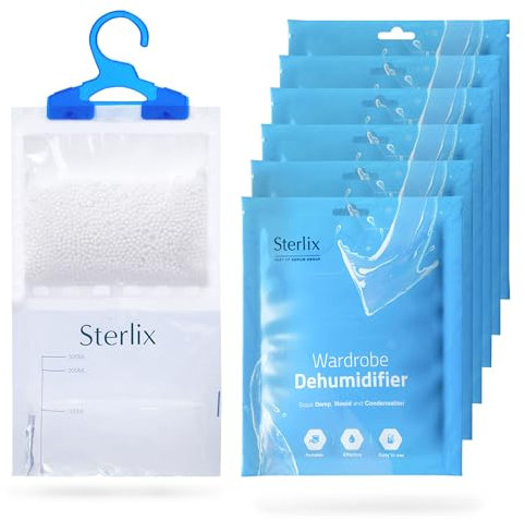 Sterlix 6 Pack Wardrobe Dehumidifier Hanging Bags With Moisture Trap Crystals, Damp Absorber, Mould, Condensation, Perfect Hanging Dehumidifier For Wardrobes, Closets, Bookcases & Small Rooms