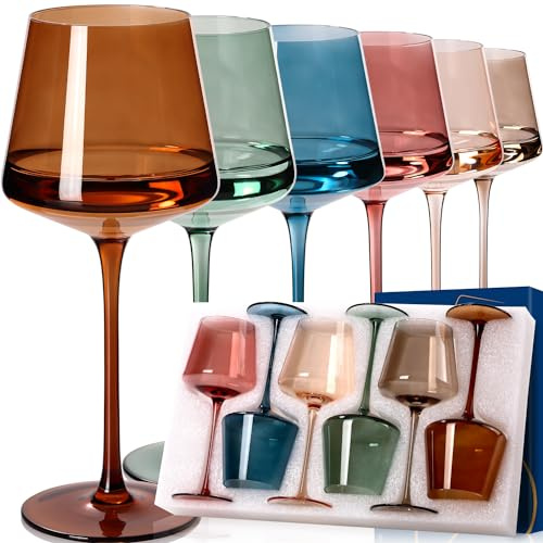 Grehge ed Wine Glasses Set of 6,14oz - Glass Cups with Stem-Multi Color Glassware Gift Set for Wife & Mom-Colorful Hand Blown Glass Drinkware for Red White Wine