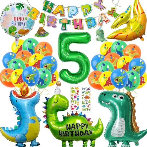 Dino Geburtstag Deko 5 jahre, Dino Deko Kindergeburtstag, Luftballon Dinosaurier Party Deko, Geburtstagsdeko Jungen 5 Jahre, 2 Blätter Dino Sticker, Happy Birthday Girland
