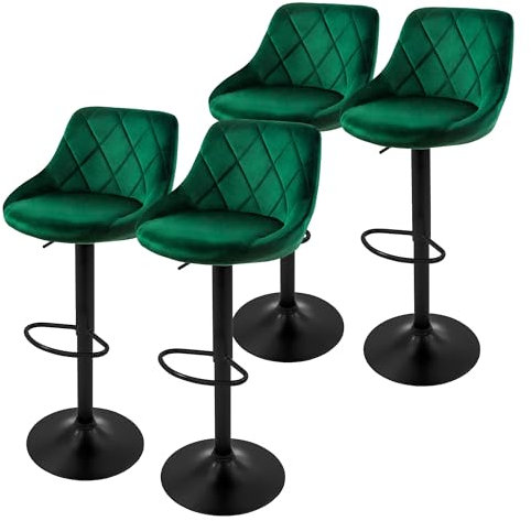 ML-Design Barhocker 4er Set, Bezug aus Samt, Grün, Gepolsterter Barstuhl mit Rückenlehne und Fußstütze, Tresenhocker höhenverstellbar 62-82 cm, 360° drehbar, Bistrohocker Hocker Drehstuhl Barstühle