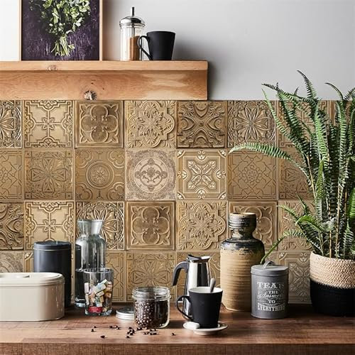 Tile Stickers Retro Gold Stick on Tiles Vinyl Self Adhesive Wall Tiles Oil-Proof Tile Stickers for Kitchen Tile Stickers for Bathroom Waterproof Stick on Wall Tiles 24 Pcs/15x15cm