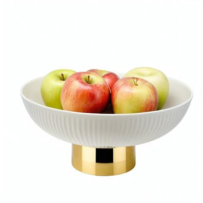 LOUTOED Ceramic Fruit Bowl with Gold Metal Base for Kitchen Counter,Decorative Serving Bowl for Table Décor,11-inch Large Bowl for Breads,Vegetable,Snack,Cakes,Dessert (White)