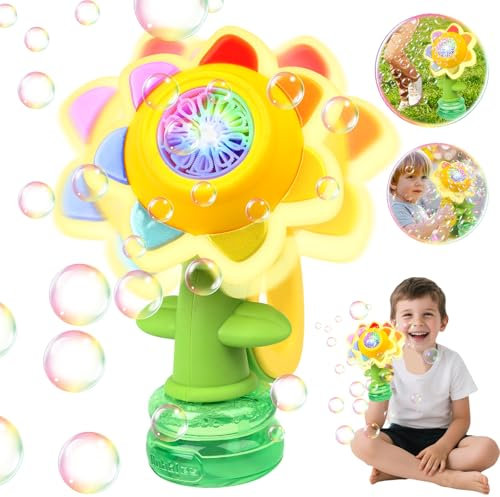 Vibbang Sunflower Bubble Machine, Automatic Dancing Flower Bubble Maker, Rechargeable Bath Bubble Toy, with 7 Color Lights, Bubble Solution Toy Gift for Party Outdoor Indoor