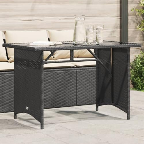 JUDYY Gartentisch mit Glasplatte Schwarz 110x68x70 cm Poly Rattan, Terrassentisch, Esstisch Garten, Gartenesstische, Gartenmöbel, Außentisch - 366350