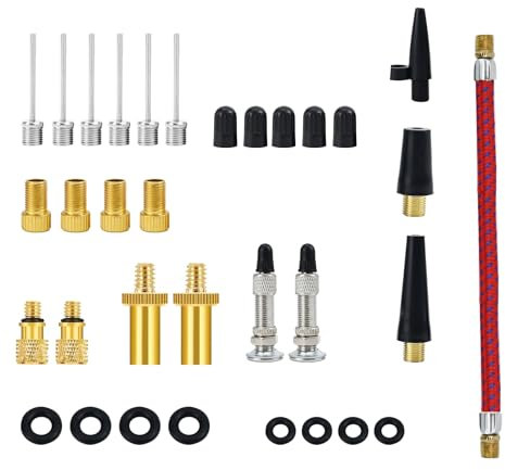 33Pcs Bicycle Valve Adapter Kit, Bike Pump Valve Adapter Set, DV SV AV Bicycle Valve Adapter, Bicycle Air Pump Inflation Needle Nozzle, Metal Valve Converter with Tire Valve Cap for Ball Inflatables