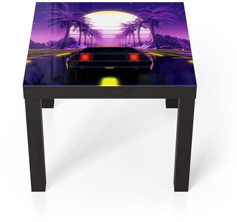 DEQORI Glastisch | schwarz klein 55x55 cm | Motiv Neon Nostalgie | ausgefallener Beistelltisch aus Glas | Hochglanz Couchtisch fürs Wohnzimmer | moderner Couch Tisch mit Design