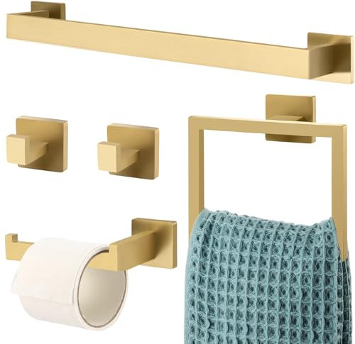 Gisafai Set di accessori per il bagno, 5 pezzi, kit di barre per asciugamani da bagno da 60 cm, in acciaio inossidabile, set di accessori per il bagno, montaggio a parete (oro)
