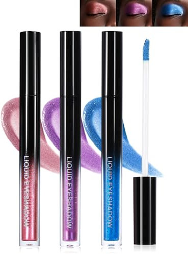 3 Couleurs Fard a Paupieres Paillete, Bleu Violet Rose Fards à Paupières Liquide Metallique Brillant, Longue Durée Waterproof Ombre a Paupiere Paillettes, Très Pigmenté Maquillage Cadeau Femme-Set B