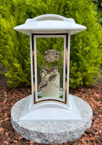 Grablampe Grablaterne mit Rosen Motiv 27 cm H. Gold Farbe Grabkerze Kerze Grabkerze Grablicht Gartenlampe Laterne inkl. Kerze NEU NEU!!