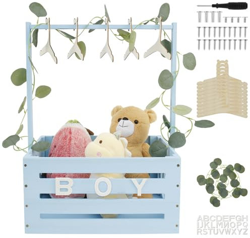 Babykorb mit Griff, Holz Babyparty Schrank Praktischer Holzkiste für Babyparty mit Stange,Schrank für Babypartykisten aus Holz Wäschekorb Kinder Holz Baby Shower Geschenk (Blau)