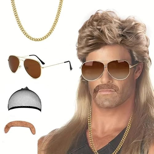 MIVORA 5er Set Vokuhila Perücke, 80er 90er Jahre Outfit Accessoires Herren, Blond Perücken Wig Sonnenbrille Halskette, Männer Karneval Fasching Perücke Faschingskostüme Halloween Party
