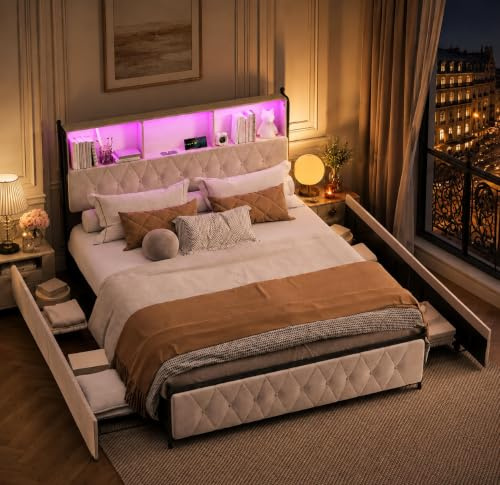 LIVLUX Lit 160x200 avec Sommier LED et USB,Lit Double rembourré avec sommier à Lattes et 4 Tiroirs,Tete de lit avec Rangement,Lits 2 Personnes pour Adultes et Adolescents, Velours (160 x 200 cm)